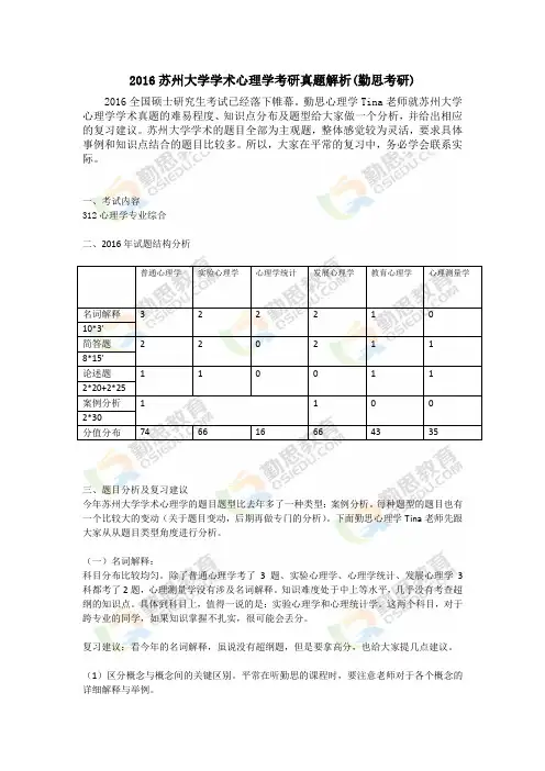 2016苏州大学学术心理学考研真题解析(勤思考研)