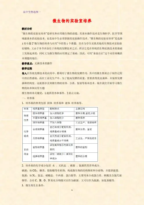 高中生物选修1教学设计12：2.1 微生物的实验室培养教案