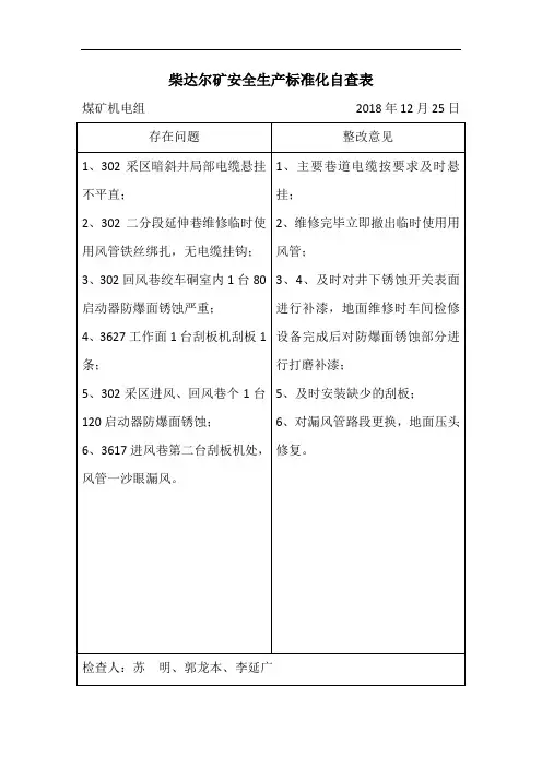12月柴达尔矿机电运输安全生产标准化自查表