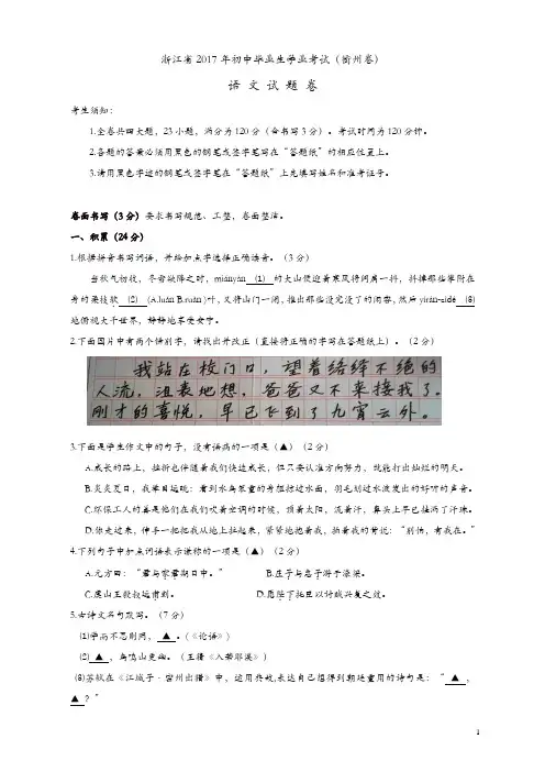 【精品】语文中考：2017衢州市中考语文真题