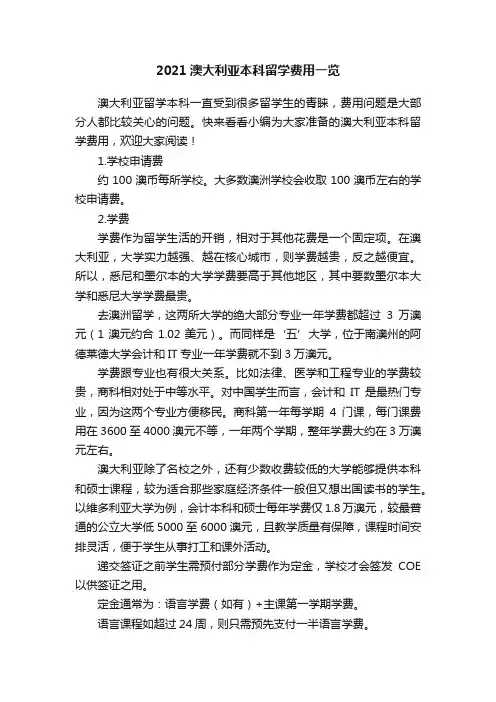 2021澳大利亚本科留学费用一览