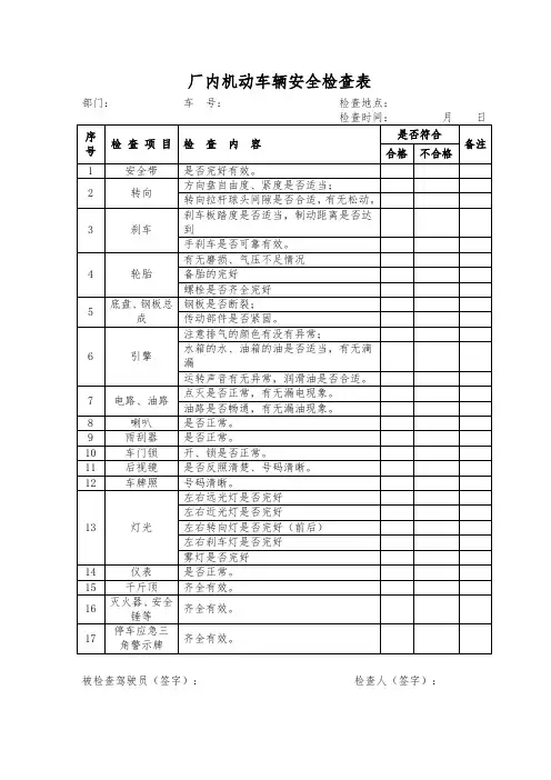厂内机动车辆安全检查表