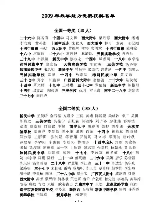 2009年数学能力竞赛获奖名单