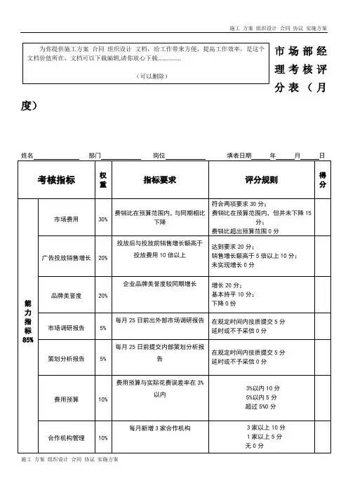 市场部经理绩效考核表