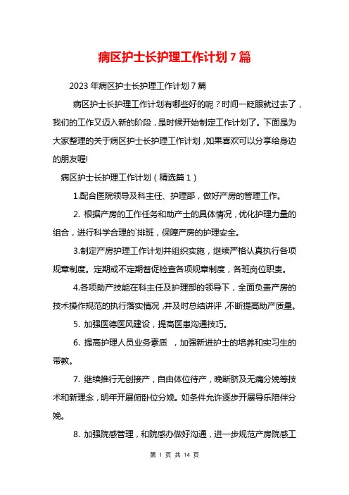 病区护士长护理工作计划7篇