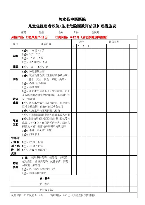 儿童住院患者跌倒坠床危险因数评估及护理措施表
