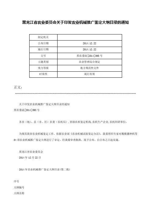 黑龙江省农业委员会关于印发农业机械推广鉴定大纲目录的通知-黑农委函[2014]393号