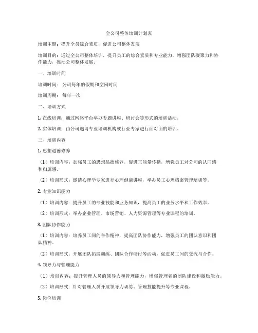 全公司整体培训计划表