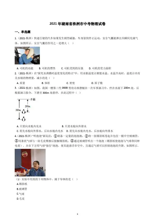 2021年湖南省株洲市中考物理试题(含答案)