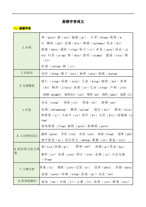 期末基础知识整理-易错字音词义2023-2024学年统编版语文八年级下册