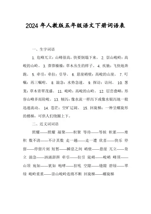 2024年人教版五年级语文下册词语表