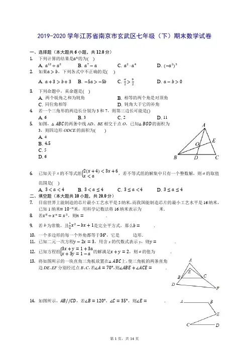 2019-2020学年江苏省南京市玄武区七年级(下)期末数学试卷 (含答案解析)