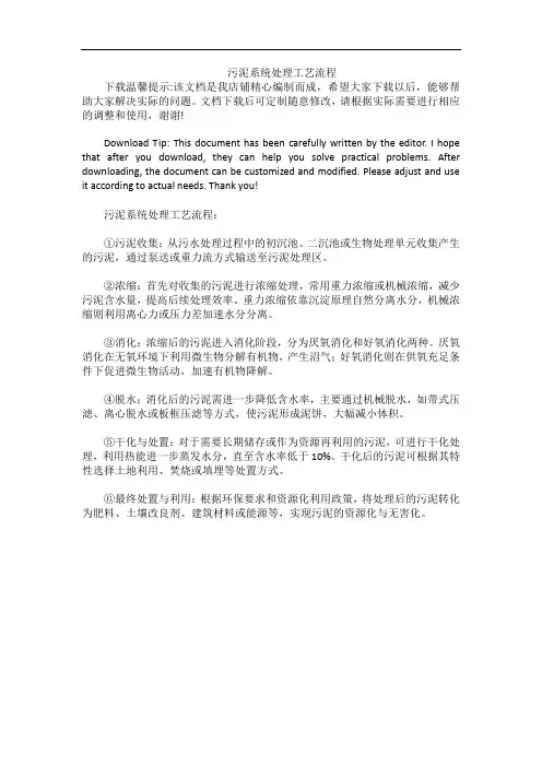 污泥系统处理工艺流程