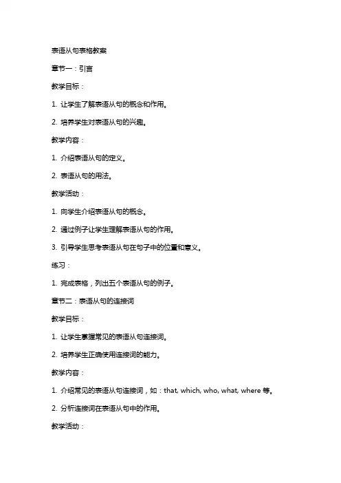 表语从句表格教案