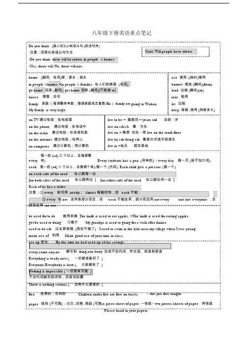 人教版本初中八年级的的英语下册的笔记重点学习的记录版本.doc