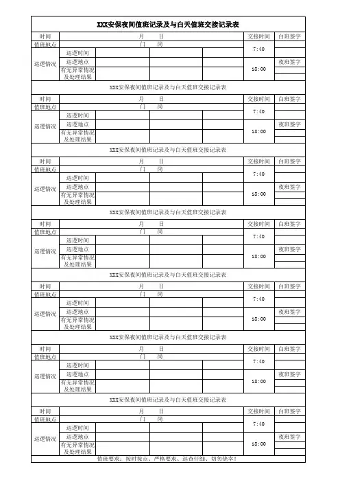 保安夜间值班记录和与白班交接记录