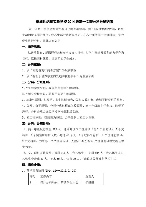 株洲世纪星实验学校2014级高一文理分科分班方案