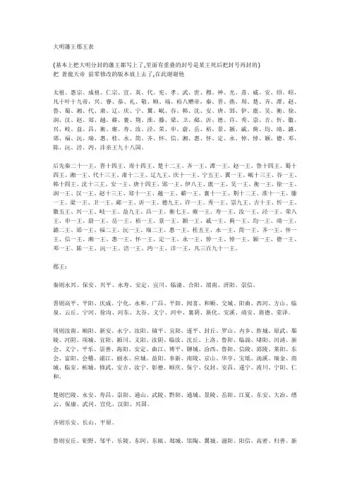 大明藩王郡王表