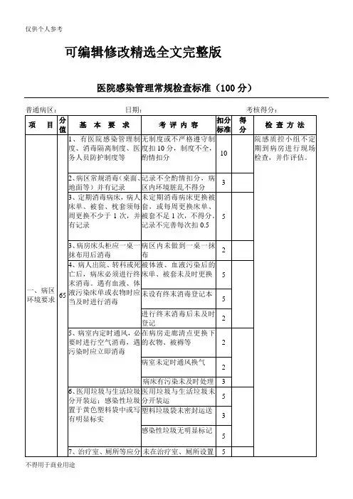 医院感染管理常规检查标准精选全文
