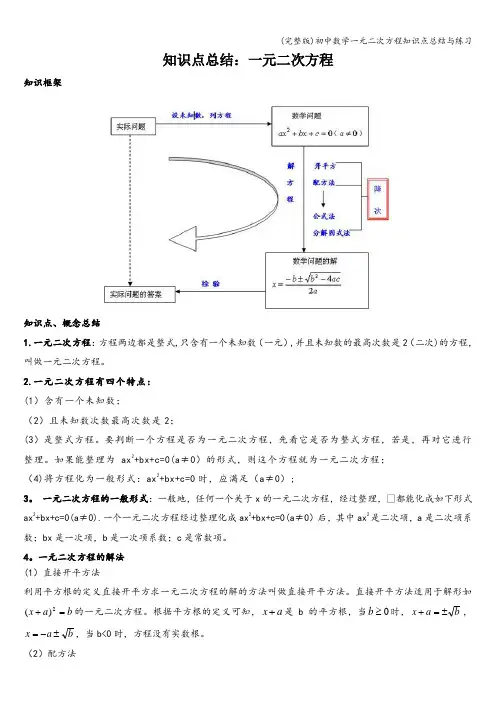 (完整版)初中数学一元二次方程知识点总结与练习