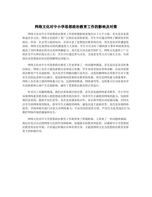 网络文化对中小学思想政治教育工作的影响及对策