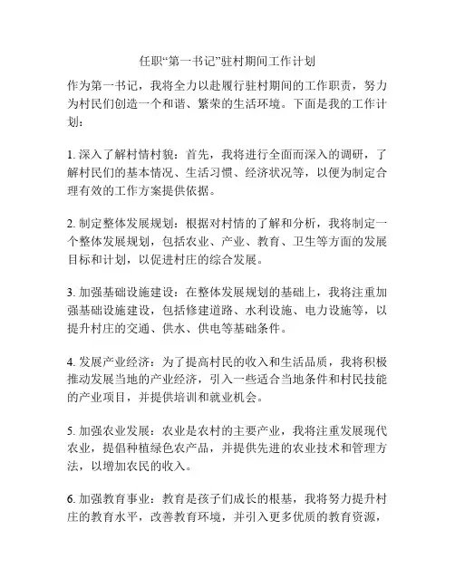 任职“第一书记”驻村期间工作计划