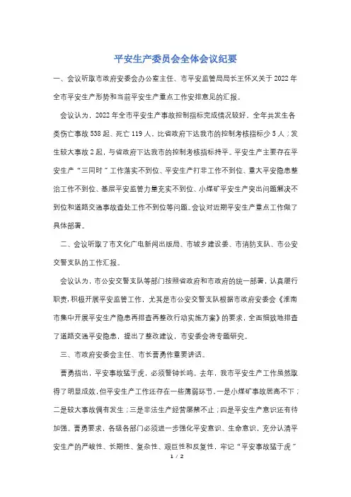 安全生产委员会全体会议纪要