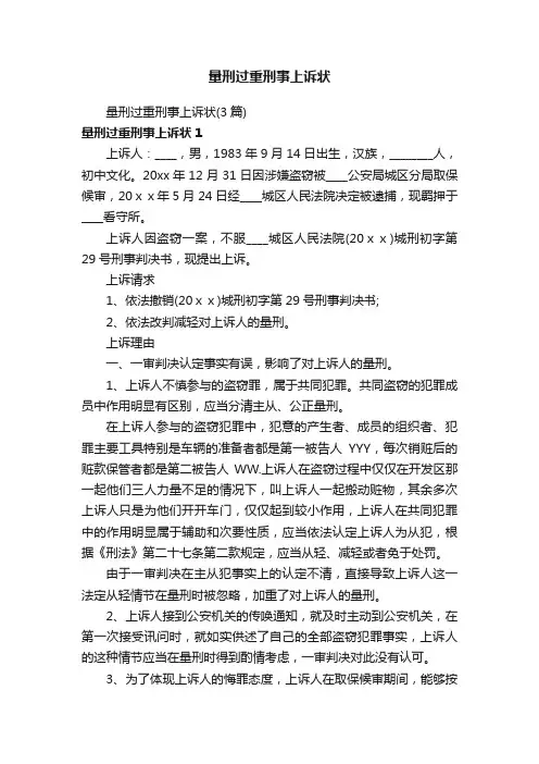 量刑过重刑事上诉状
