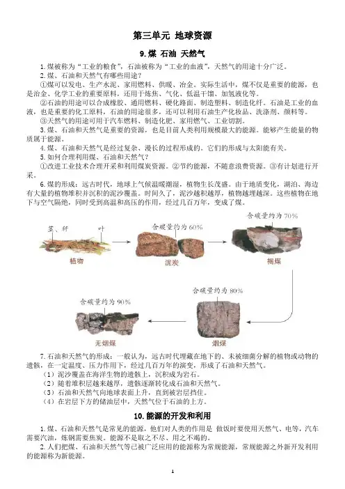 小学科学青岛版六三制六年级下册第三单元《地球资源》知识点整理(2023春)