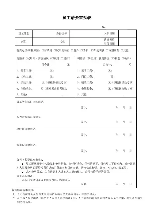 员工薪资审批表
