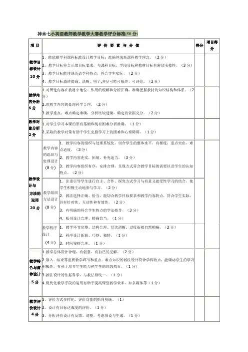 神木七小英语教师教学教学大赛教学评分标准