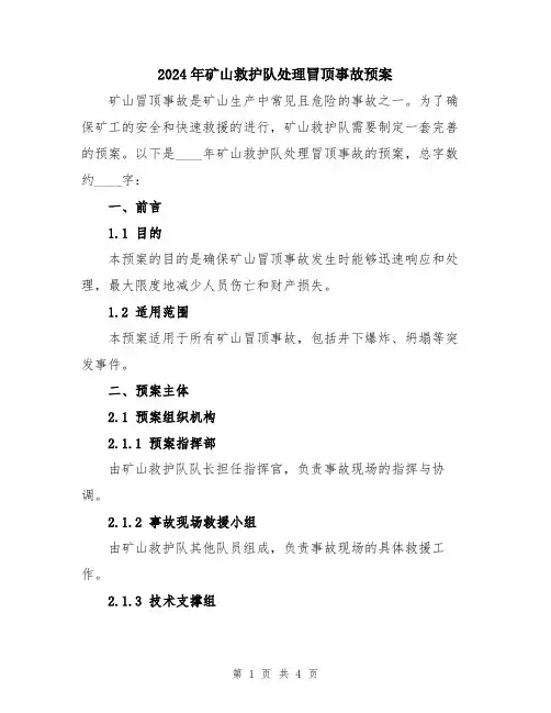 2024年矿山救护队处理冒顶事故预案