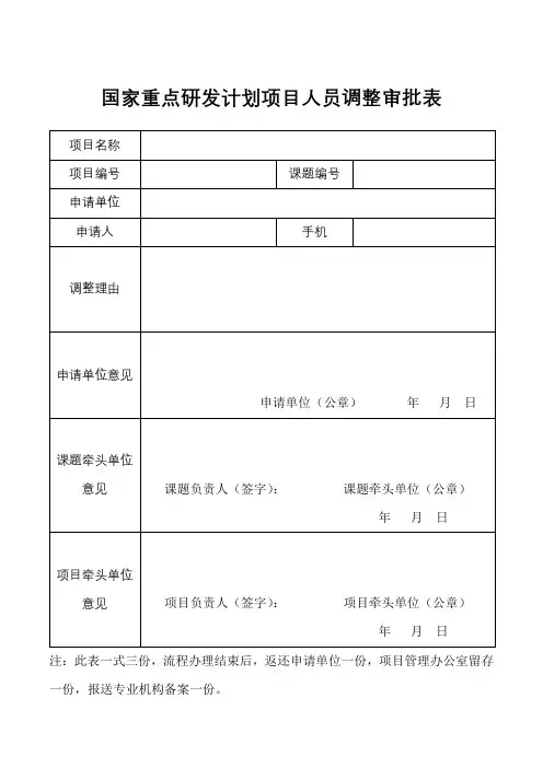 国家重点研发计划项目人员调整审批表