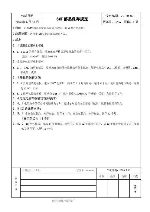 SMT部品保存规定
