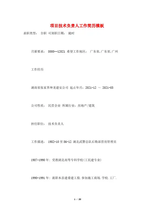 项目技术负责人工作简历模板