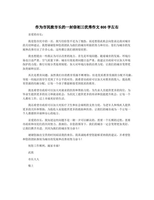 作为市民致市长的一封信初三优秀作文800字左右