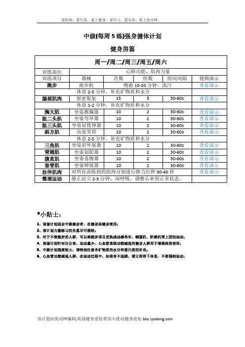 中级(每周5练)强身健体计划-健身房篇