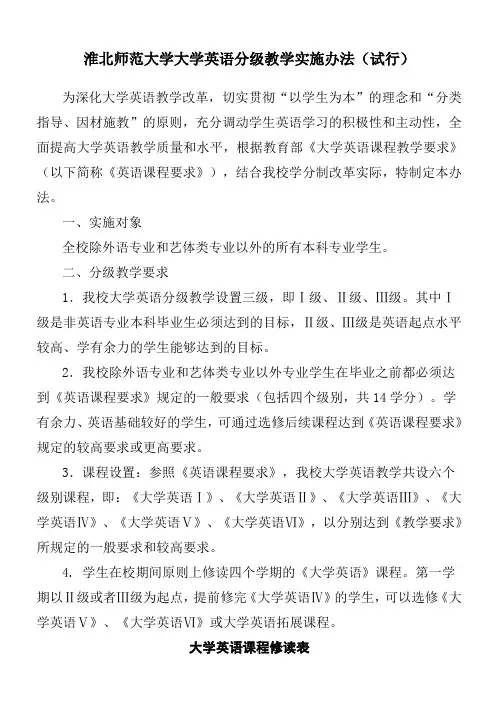 淮北师范大学大学英语分级教学实施办法(试行)