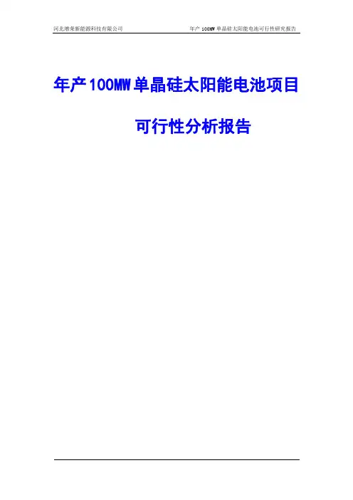年产100MW单晶硅太阳能电池项目可行性分析报告