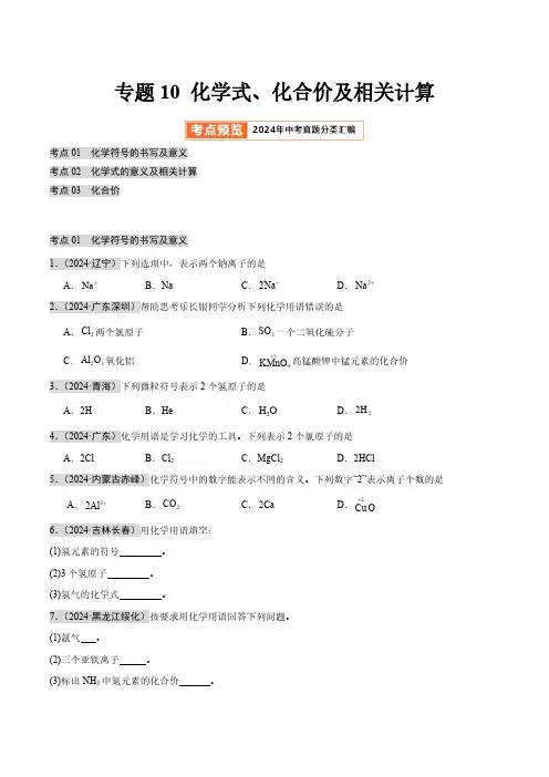 专题10 化学式、化合价及相关计算(第02期)(学生版) 2024年中考化学真题分类汇编(全国通用)