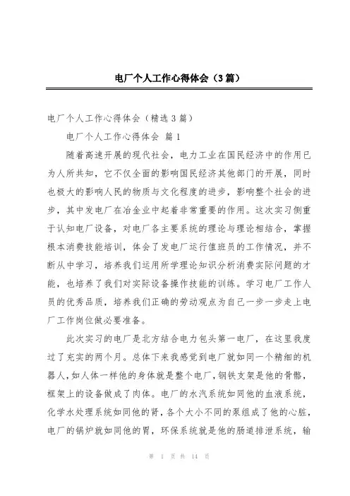 电厂个人工作心得体会(3篇)