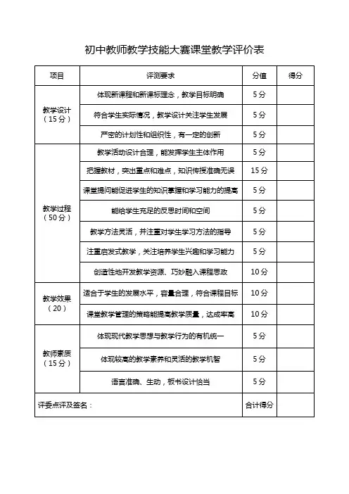初中教师教学技能大赛课堂教学评价表