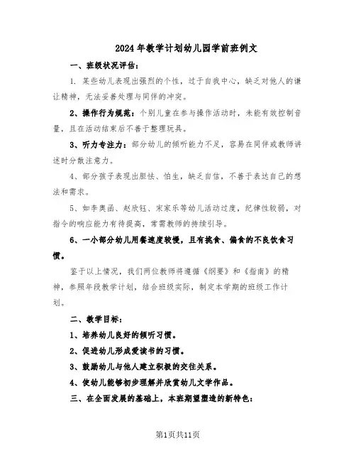 2024年教学计划幼儿园学前班例文（五篇）