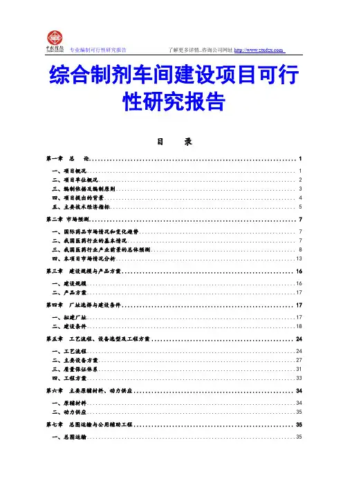 综合制剂车间建设项目可行性研究报告