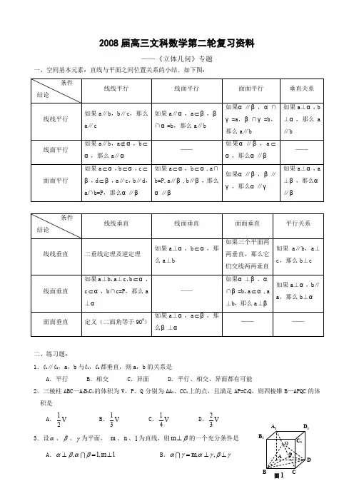 高三文科数学立体几何专题(附答案)