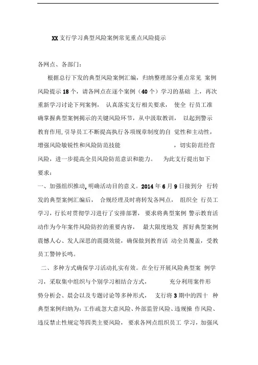 XX支行学习典型风险案例常见重点风险提示
