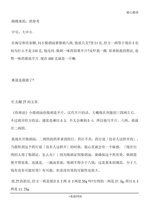 伤寒论经方用量换算表格模板