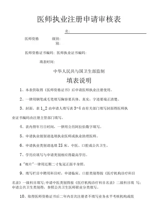 医师资格审核申请表