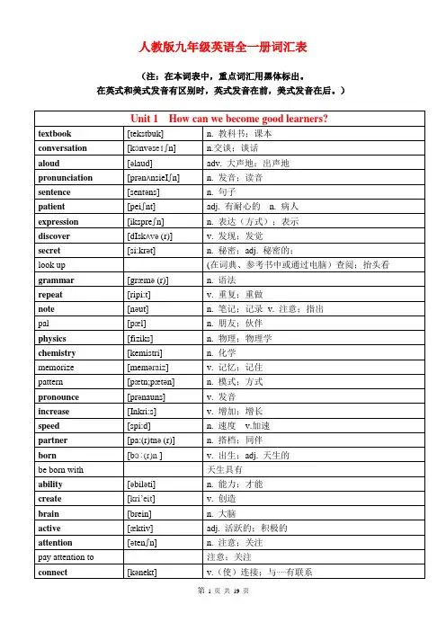 2020人教版九年级全一册英语单词词汇表
