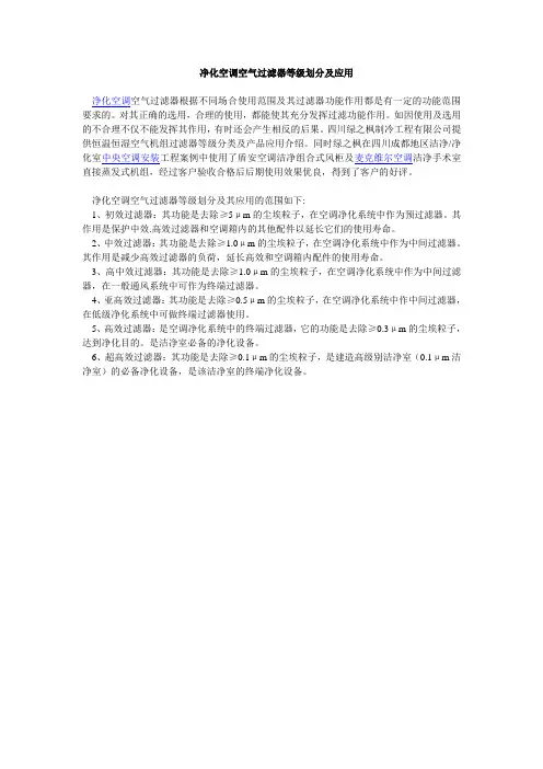 净化空调空气过滤器等级划分及应用